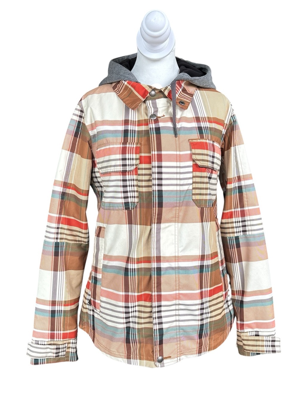 Burton Dryride Hooded Plaid Snowboard Jacket Brown/Orange/Cream Women’s S